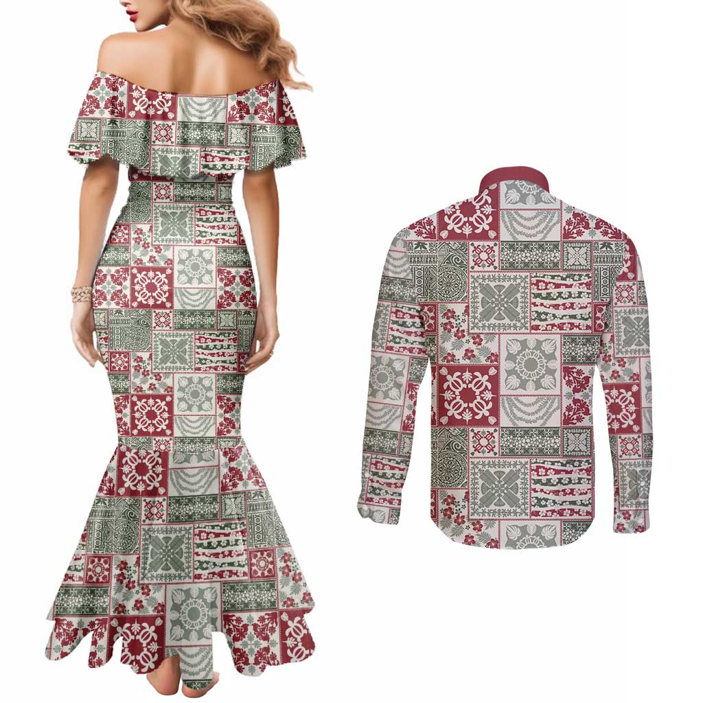 Mele Kalikimaka Hawaii Christmas Couples Matching Mermaid Dress and Long Sleeve Button Shirt Aloha Spirit with Hawaiian Quilt Pattern - Polynesian Pride