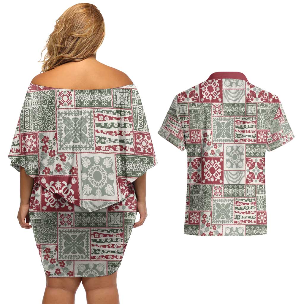 Mele Kalikimaka Hawaii Christmas Couples Matching Off Shoulder Short Dress and Hawaiian Shirt Aloha Spirit with Hawaiian Quilt Pattern - Polynesian Pride
