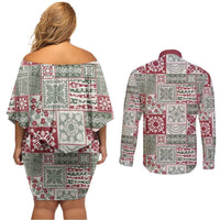 Mele Kalikimaka Hawaii Christmas Couples Matching Off Shoulder Short Dress and Long Sleeve Button Shirt Aloha Spirit with Hawaiian Quilt Pattern - Polynesian Pride