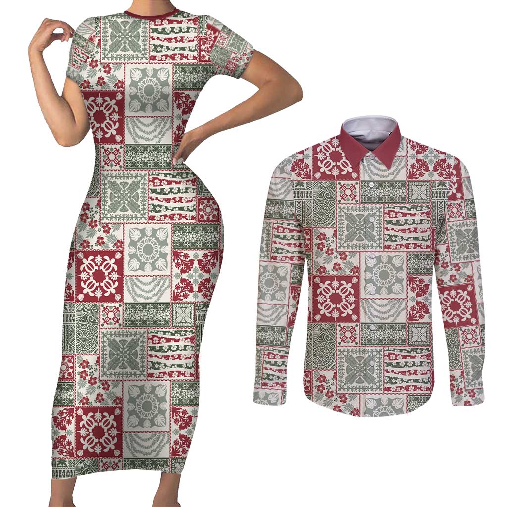 Mele Kalikimaka Hawaii Christmas Couples Matching Short Sleeve Bodycon Dress and Long Sleeve Button Shirt Aloha Spirit with Hawaiian Quilt Pattern - Polynesian Pride