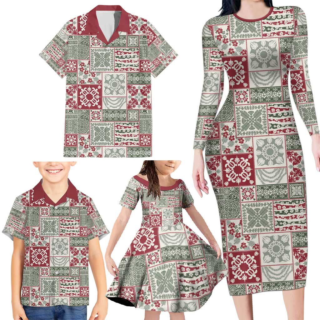 Mele Kalikimaka Hawaii Christmas Family Matching Long Sleeve Bodycon Dress and Hawaiian Shirt Aloha Spirit with Hawaiian Quilt Pattern - Polynesian Pride
