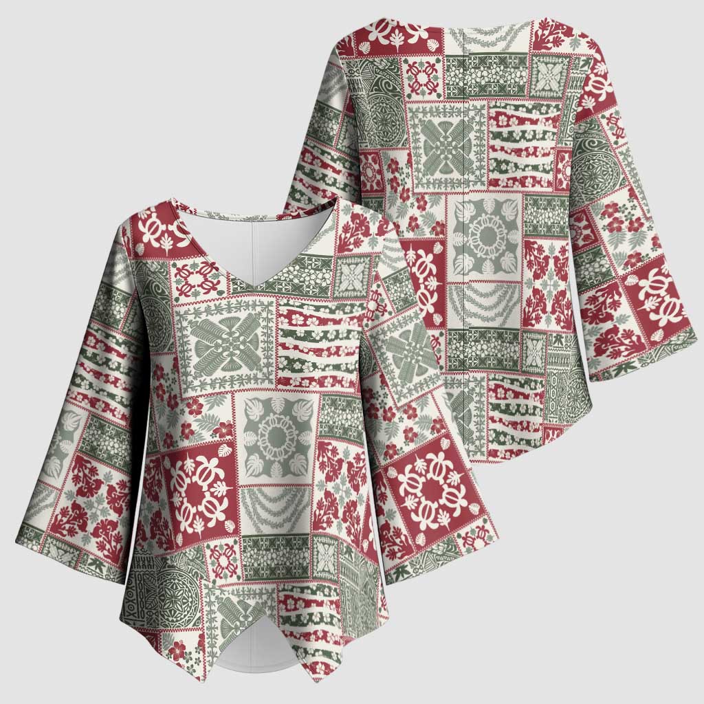 Mele Kalikimaka Hawaii Christmas Kimono Sleeve Blouse Aloha Spirit with Hawaiian Quilt Pattern - Polynesian Pride