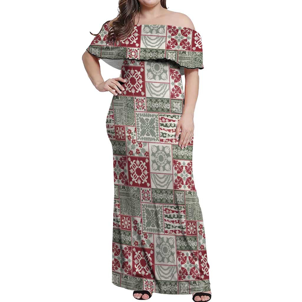 Mele Kalikimaka Hawaii Christmas Off Shoulder Maxi Dress Aloha Spirit with Hawaiian Quilt Pattern - Polynesian Pride