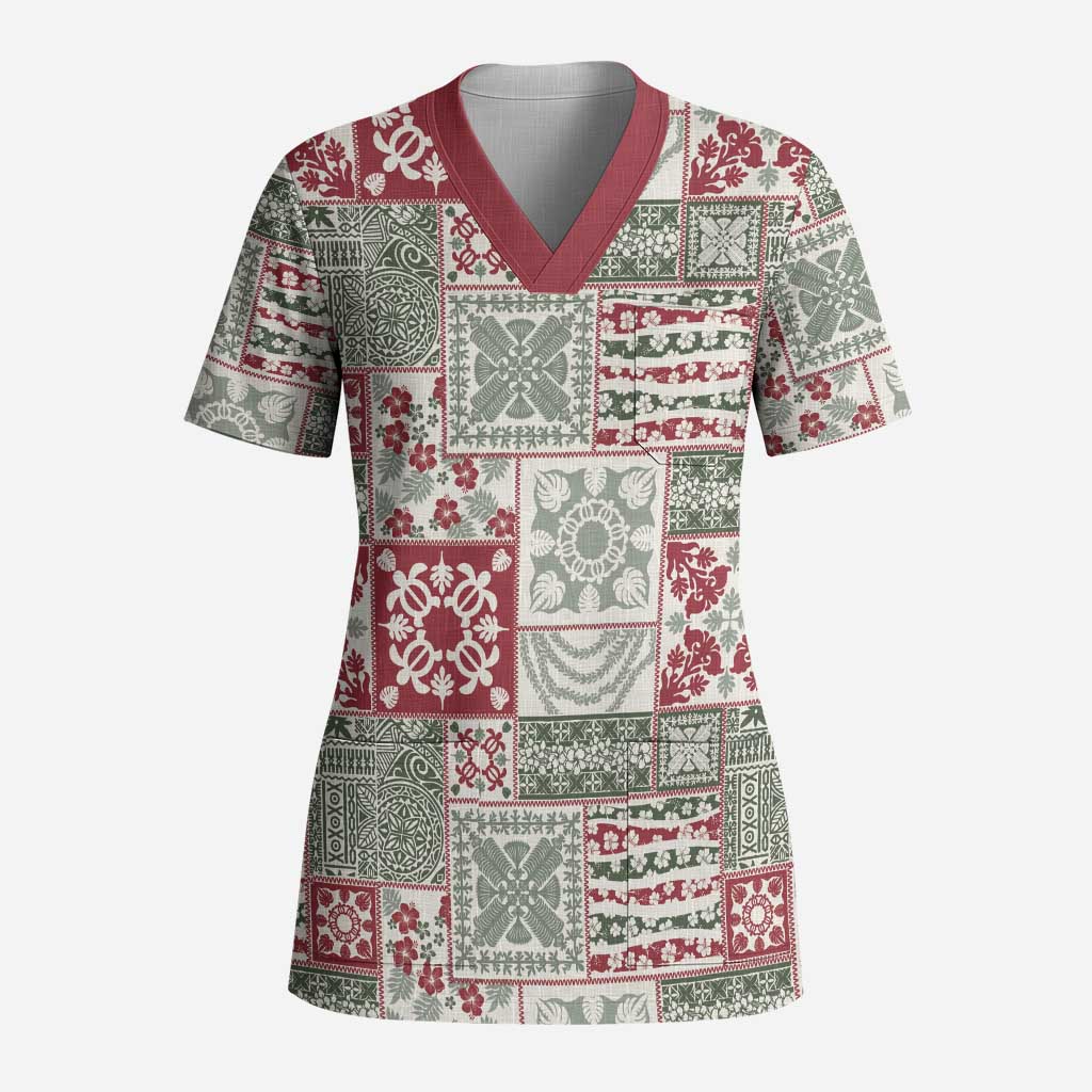 Mele Kalikimaka Hawaii Christmas Scrub Top Aloha Spirit with Hawaiian Quilt Pattern - Polynesian Pride