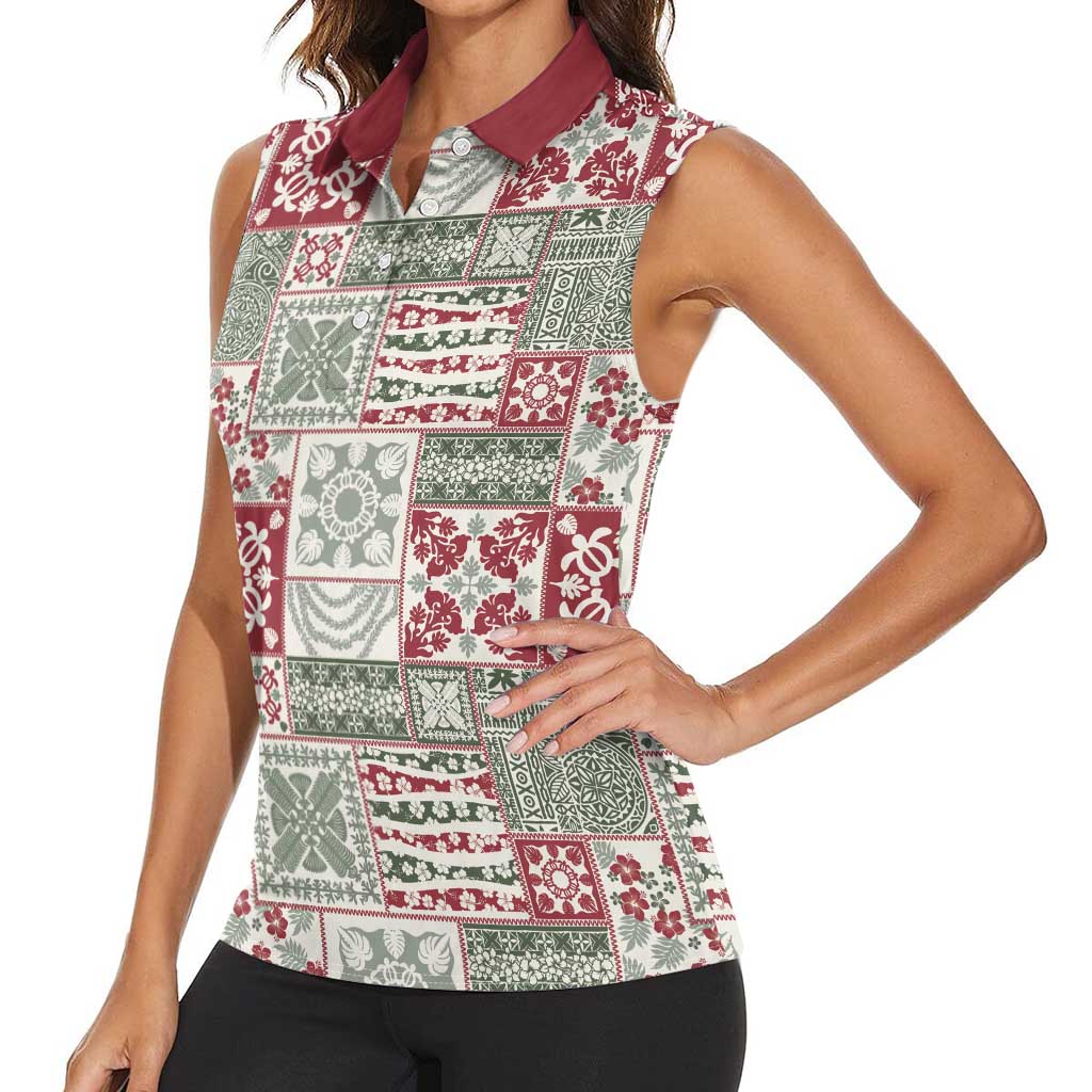 Mele Kalikimaka Hawaii Christmas Women Sleeveless Polo Shirt Aloha Spirit with Hawaiian Quilt Pattern - Polynesian Pride