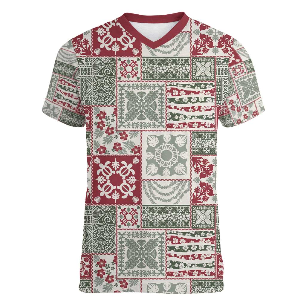 Mele Kalikimaka Hawaii Christmas Women V-Neck T-Shirt Aloha Spirit with Hawaiian Quilt Pattern - Polynesian Pride