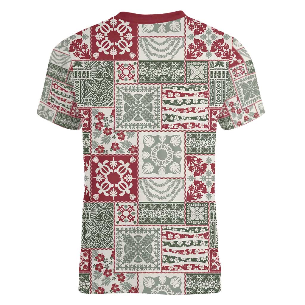 Mele Kalikimaka Hawaii Christmas Women V-Neck T-Shirt Aloha Spirit with Hawaiian Quilt Pattern - Polynesian Pride