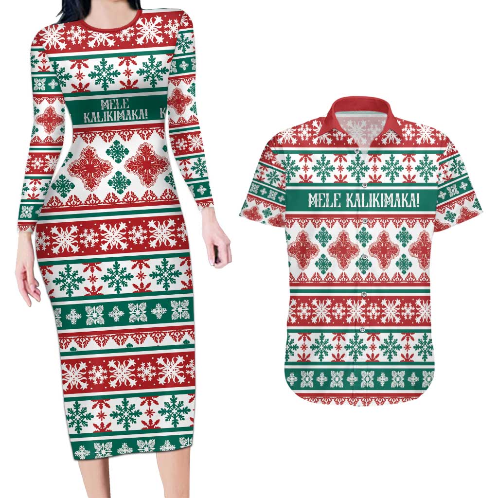 Mele Kalikimaka Hawaii Christmas Couples Matching Long Sleeve Bodycon Dress and Hawaiian Shirt Hawaiian Quilt Pattern Style - Polynesian Pride