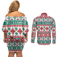 Mele Kalikimaka Hawaii Christmas Couples Matching Off Shoulder Short Dress and Long Sleeve Button Shirt Hawaiian Quilt Pattern Style - Polynesian Pride