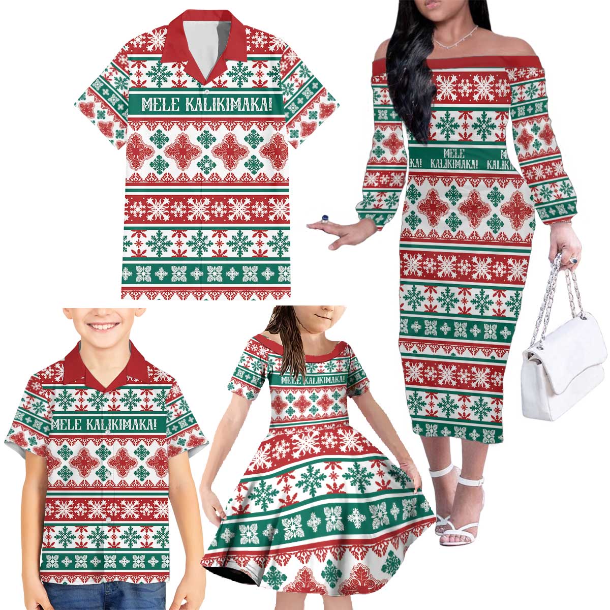 Mele Kalikimaka Hawaii Christmas Family Matching Off The Shoulder Long Sleeve Dress and Hawaiian Shirt Hawaiian Quilt Pattern Style - Polynesian Pride