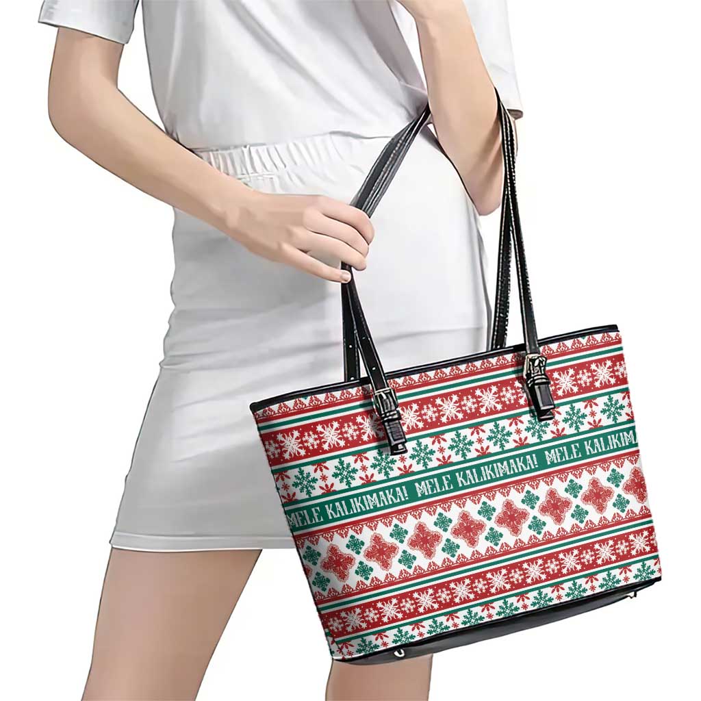 Mele Kalikimaka Hawaii Christmas Leather Tote Bag Hawaiian Quilt Pattern Style - Polynesian Pride