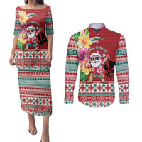 Santa Surf Mele Kalikimaka Personalized Couples Matching Puletasi and Long Sleeve Button Shirt Aloha Tropical Christmas Vibes LT9 Red - Polynesian Pride