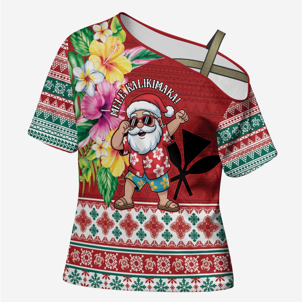 Santa Surf Mele Kalikimaka Personalized Cross Shoulder Shirt Aloha Tropical Christmas Vibes LT9 Female Red - Polynesian Pride