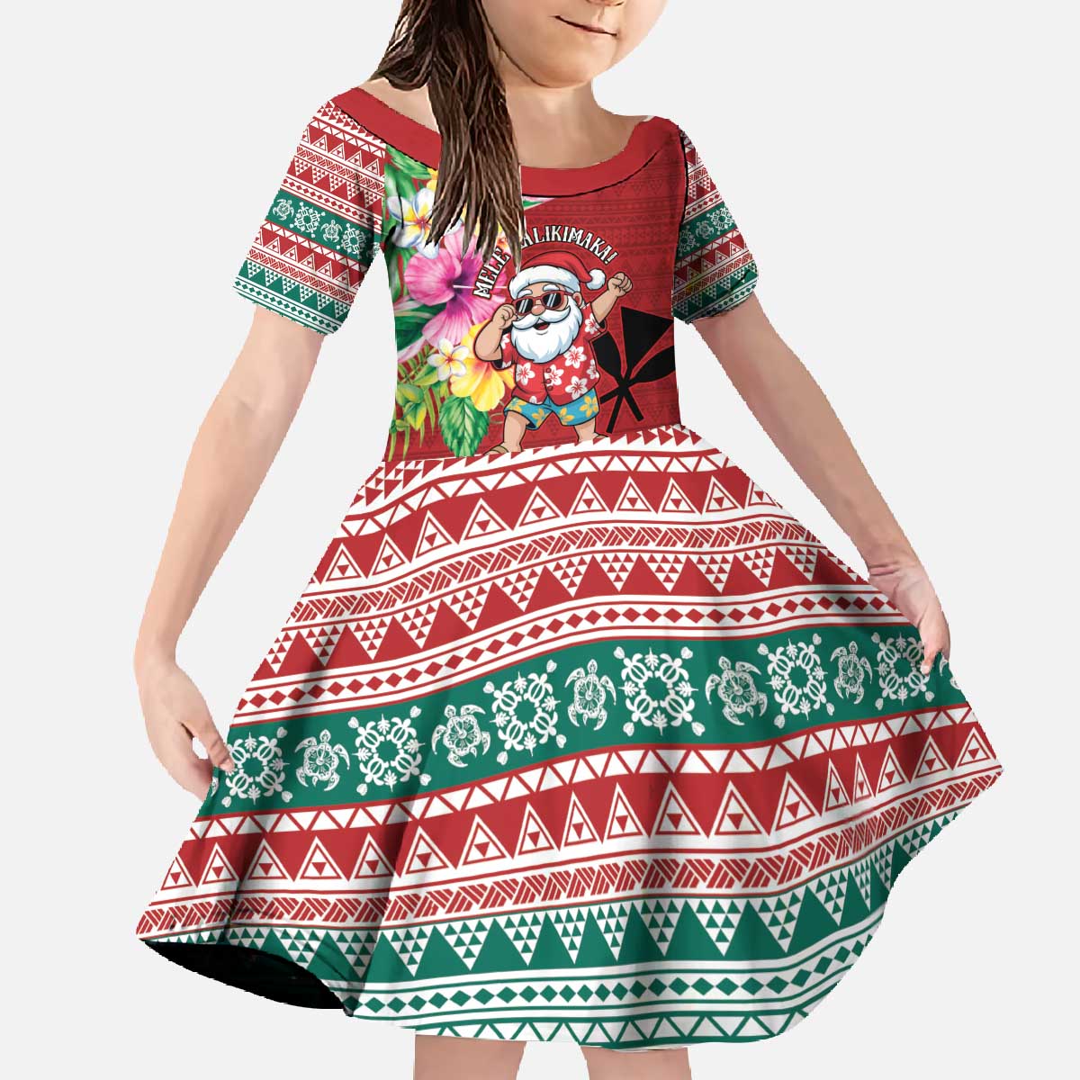 Santa Surf Mele Kalikimaka Personalized Family Matching Off The Shoulder Long Sleeve Dress and Hawaiian Shirt Aloha Tropical Christmas Vibes - Polynesian Pride