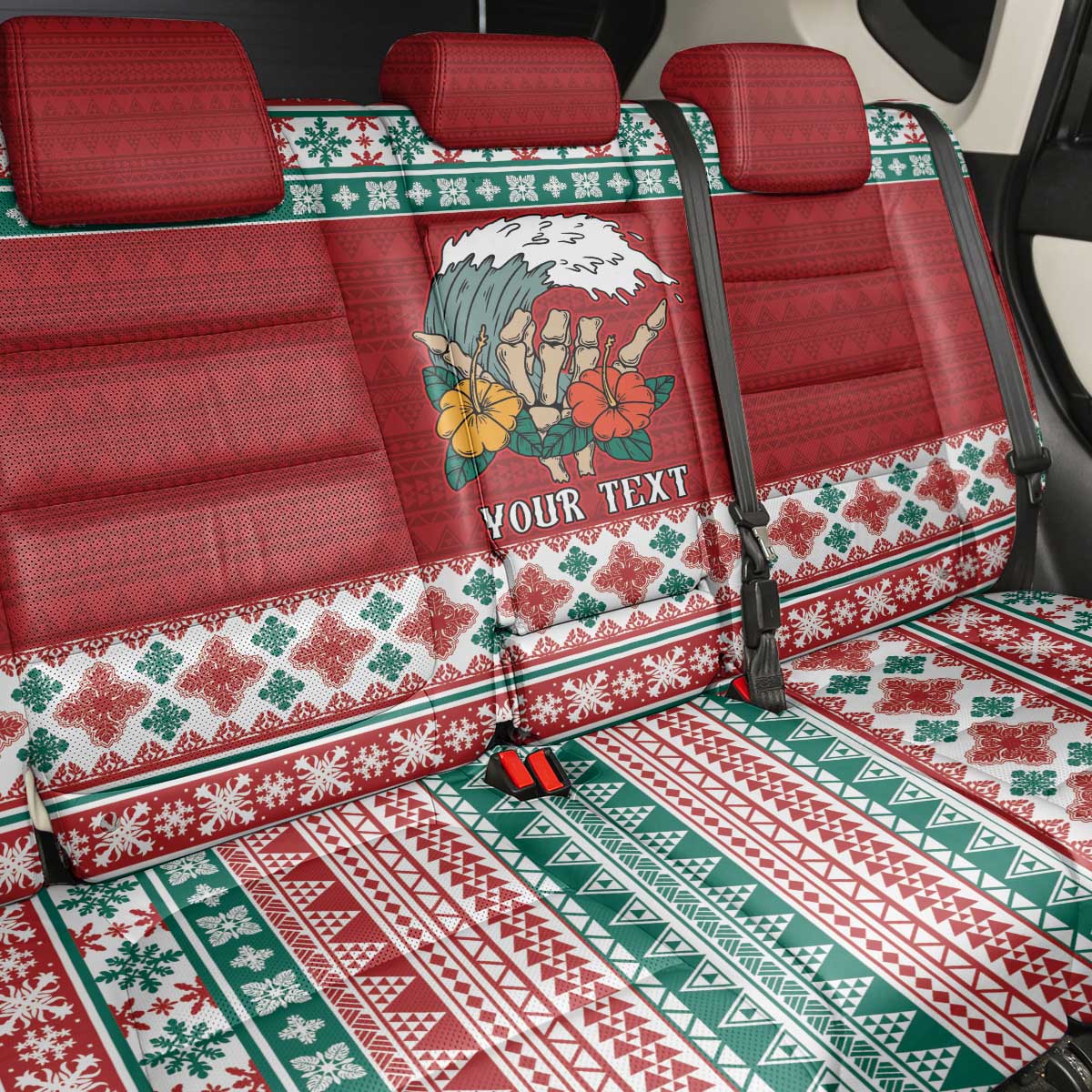 Shaka Sign Skull Mele Kalikimaka Personalized Back Car Seat Cover Hawaiian Quilt Pattern - Polynesian Pride