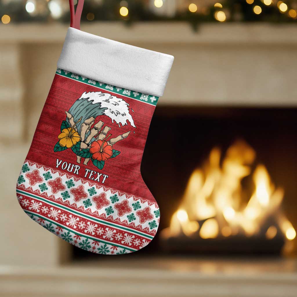 Shaka Sign Skull Mele Kalikimaka Personalized Christmas Stocking Hawaiian Quilt Pattern - Polynesian Pride