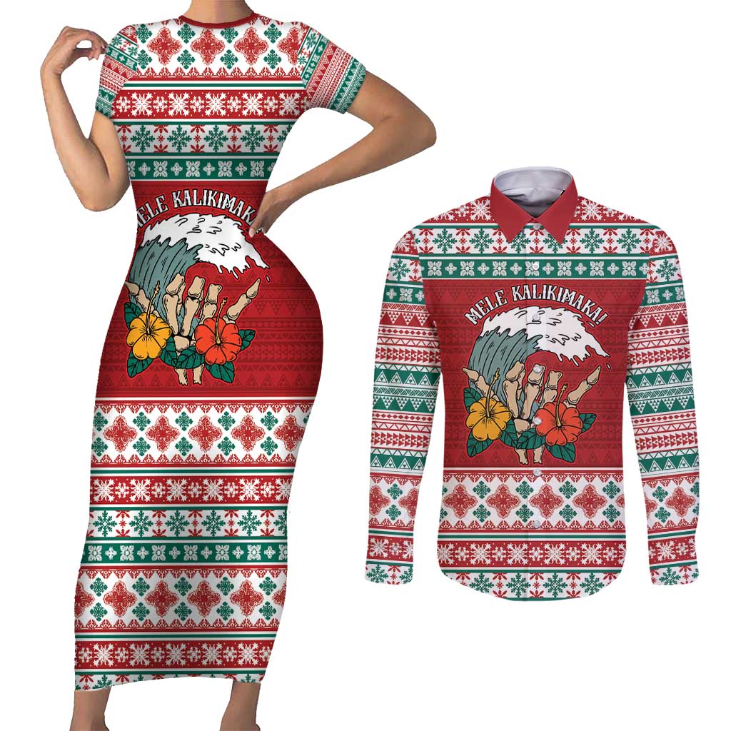 Shaka Sign Skull Mele Kalikimaka Personalized Couples Matching Short Sleeve Bodycon Dress and Long Sleeve Button Shirt Hawaiian Quilt Pattern - Polynesian Pride