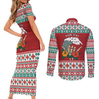 Shaka Sign Skull Mele Kalikimaka Personalized Couples Matching Short Sleeve Bodycon Dress and Long Sleeve Button Shirt Hawaiian Quilt Pattern - Polynesian Pride