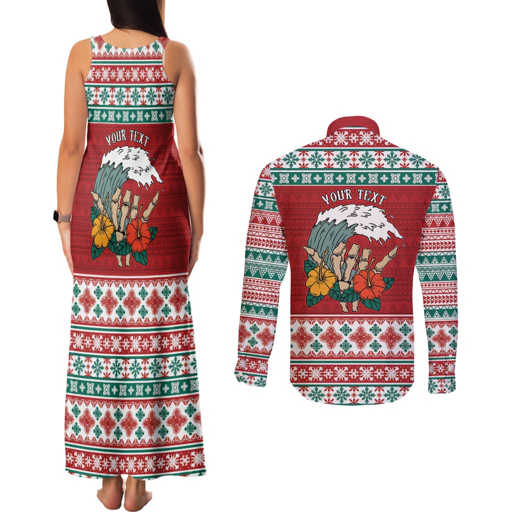 Shaka Sign Skull Mele Kalikimaka Personalized Couples Matching Tank Maxi Dress and Long Sleeve Button Shirt Hawaiian Quilt Pattern - Polynesian Pride