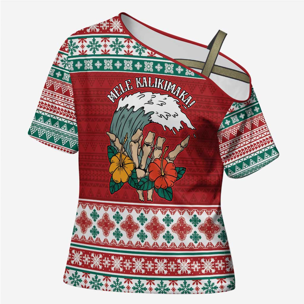 Shaka Sign Skull Mele Kalikimaka Personalized Cross Shoulder Shirt Hawaiian Quilt Pattern - Polynesian Pride