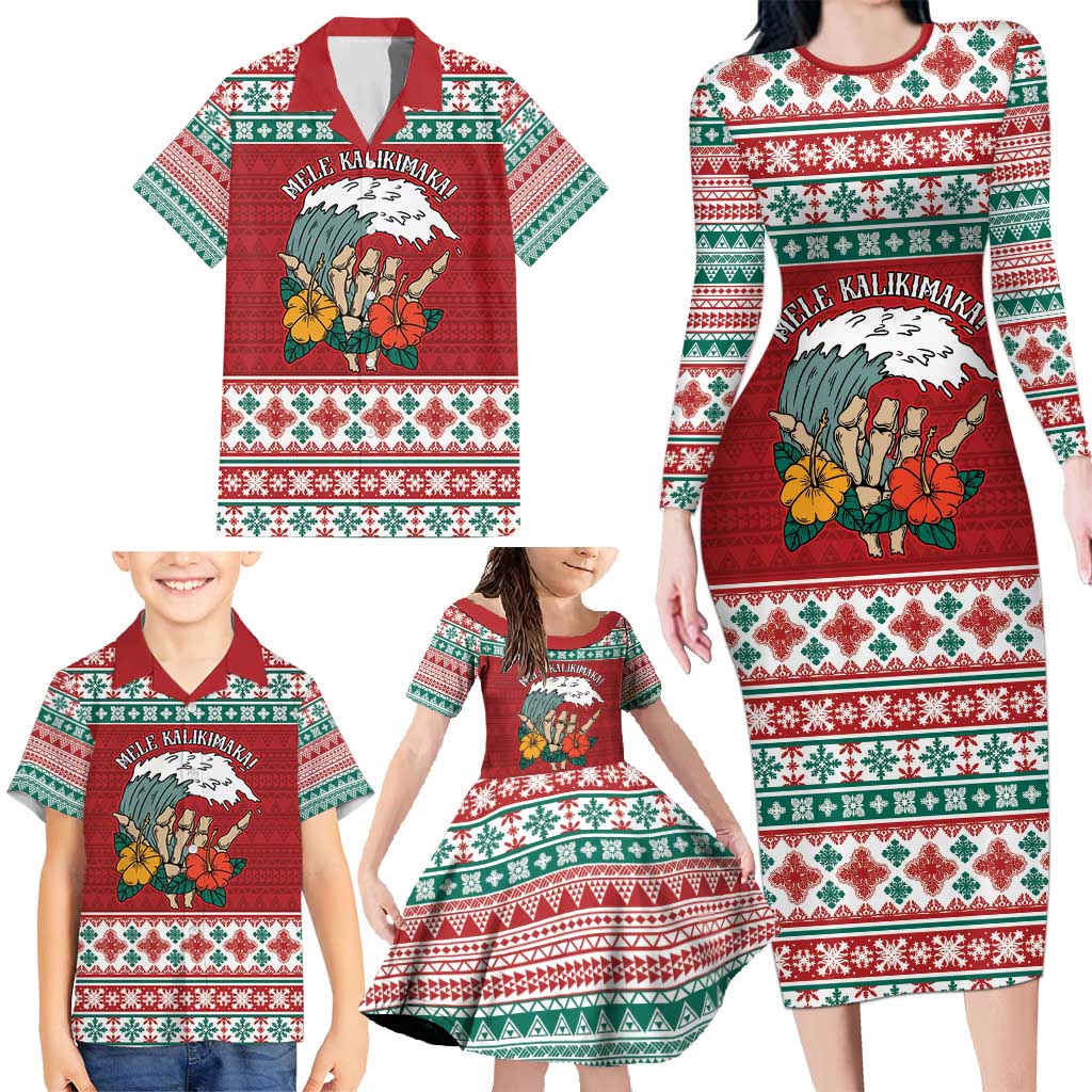 Shaka Sign Skull Mele Kalikimaka Personalized Family Matching Long Sleeve Bodycon Dress and Hawaiian Shirt Hawaiian Quilt Pattern - Polynesian Pride