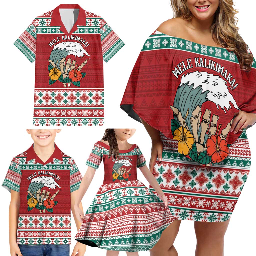 Shaka Sign Skull Mele Kalikimaka Personalized Family Matching Off Shoulder Short Dress and Hawaiian Shirt Hawaiian Quilt Pattern - Polynesian Pride