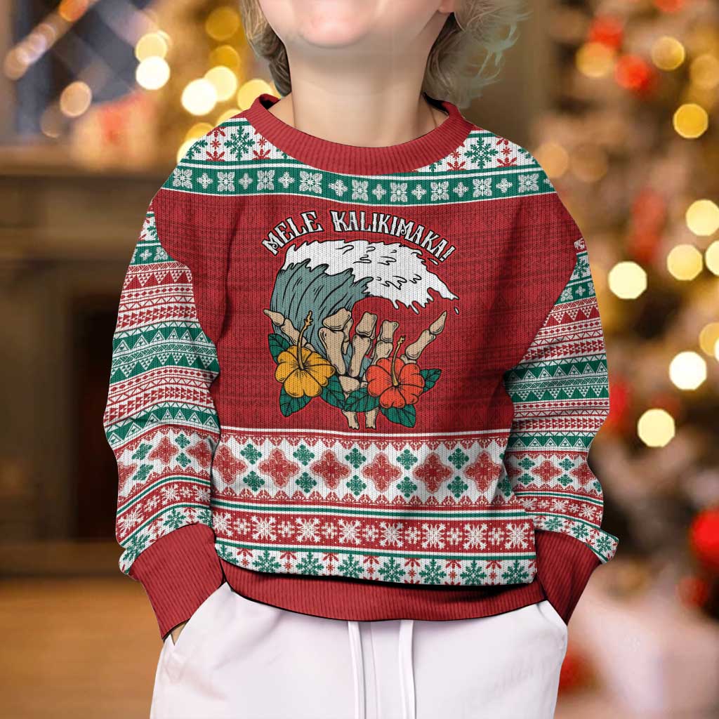 Shaka Sign Skull Mele Kalikimaka Personalized Kid Ugly Christmas Sweater Hawaiian Quilt Pattern - Polynesian Pride
