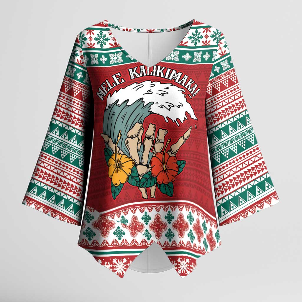 Shaka Sign Skull Mele Kalikimaka Personalized Kimono Sleeve Blouse Hawaiian Quilt Pattern - Polynesian Pride