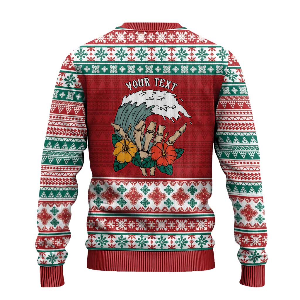 Shaka Sign Skull Mele Kalikimaka Personalized Ugly Christmas Sweater Hawaiian Quilt Pattern - Polynesian Pride