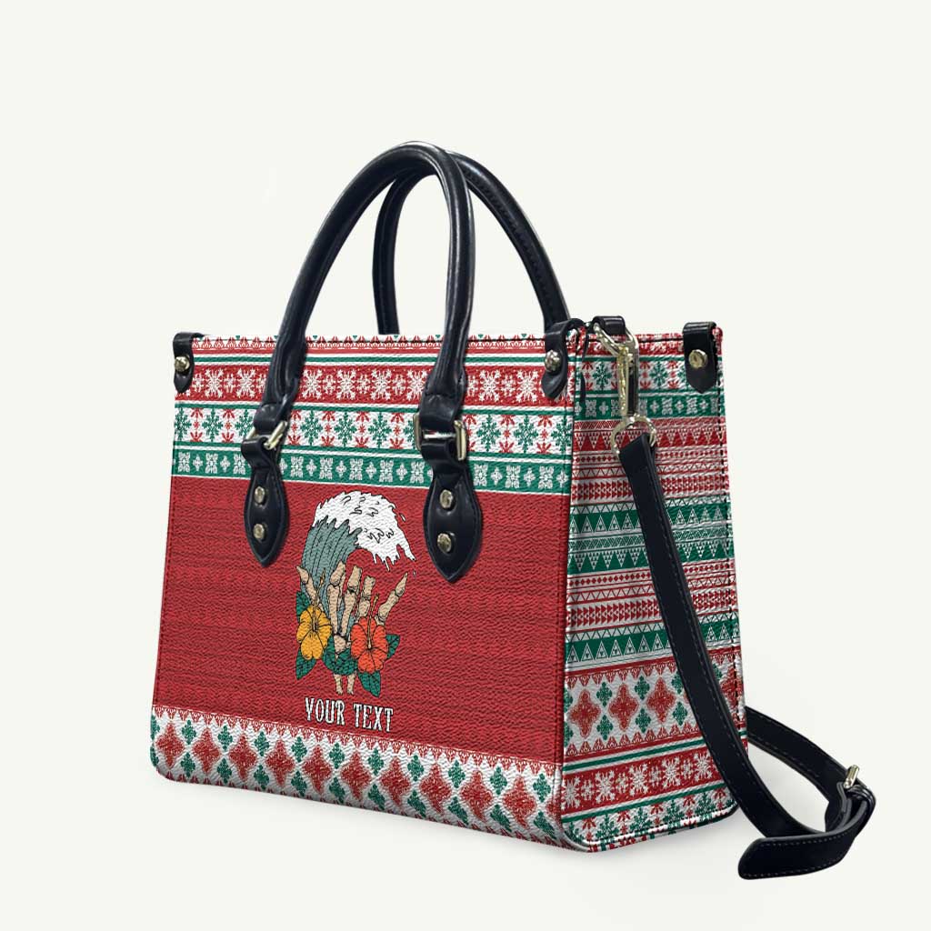 Shaka Sign Skull Mele Kalikimaka Personalized Leather Bag Hawaiian Quilt Pattern - Polynesian Pride