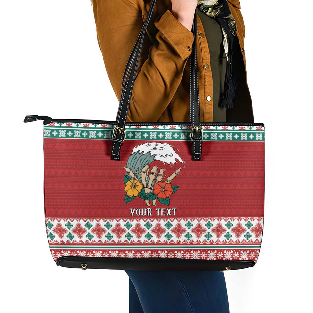 Shaka Sign Skull Mele Kalikimaka Personalized Leather Tote Bag Hawaiian Quilt Pattern - Polynesian Pride