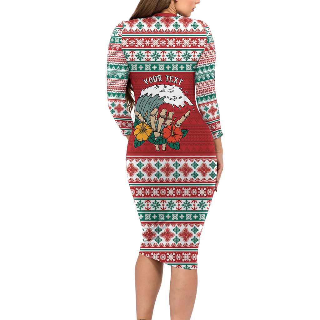 Shaka Sign Skull Mele Kalikimaka Personalized Long Sleeve Bodycon Dress Hawaiian Quilt Pattern - Polynesian Pride