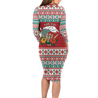 Shaka Sign Skull Mele Kalikimaka Personalized Long Sleeve Bodycon Dress Hawaiian Quilt Pattern - Polynesian Pride
