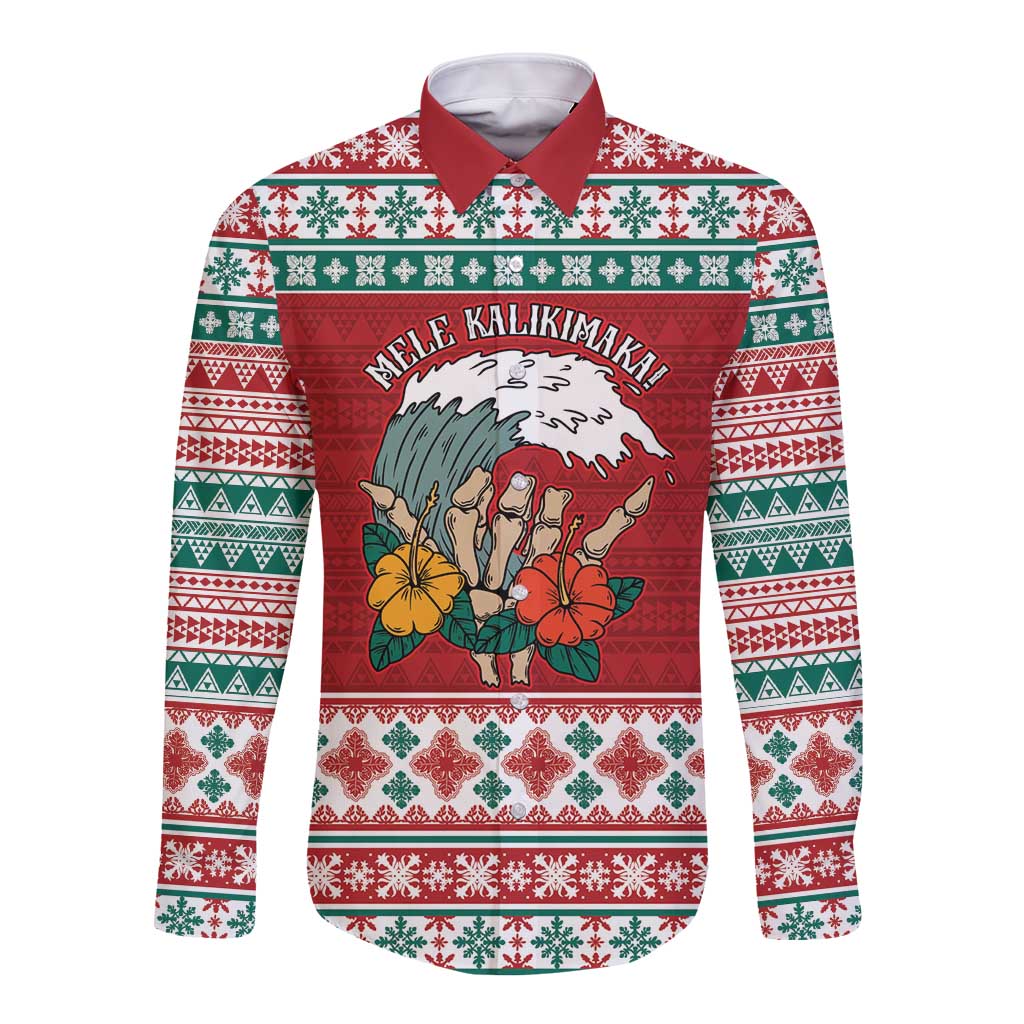 Shaka Sign Skull Mele Kalikimaka Personalized Long Sleeve Button Shirt Hawaiian Quilt Pattern - Polynesian Pride