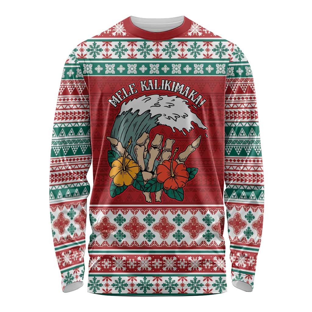 Shaka Sign Skull Mele Kalikimaka Personalized Long Sleeve Shirt Hawaiian Quilt Pattern - Polynesian Pride