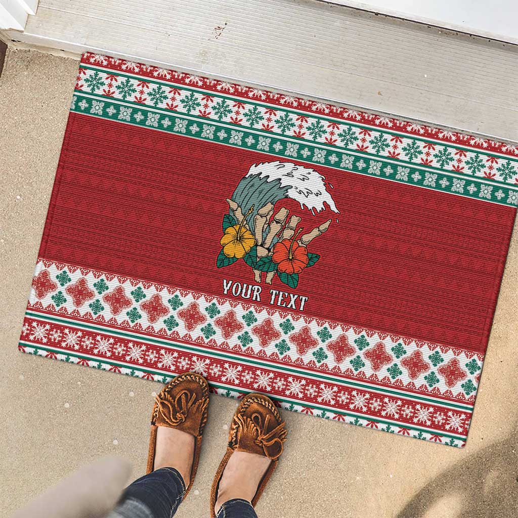 Shaka Sign Skull Mele Kalikimaka Personalized Rubber Doormat Hawaiian Quilt Pattern - Polynesian Pride