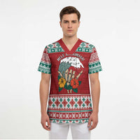 Shaka Sign Skull Mele Kalikimaka Personalized Scrub Top Hawaiian Quilt Pattern - Polynesian Pride