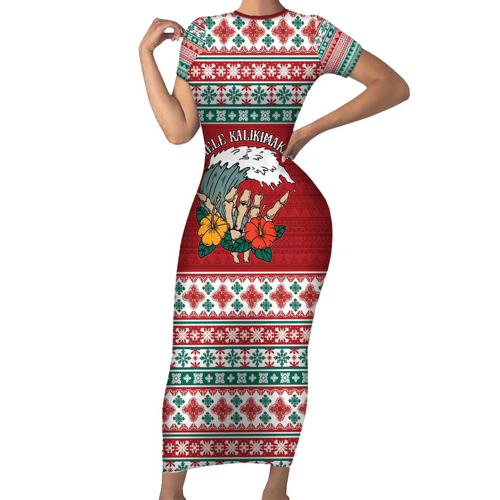 Shaka Sign Skull Mele Kalikimaka Personalized Short Sleeve Bodycon Dress Hawaiian Quilt Pattern - Polynesian Pride