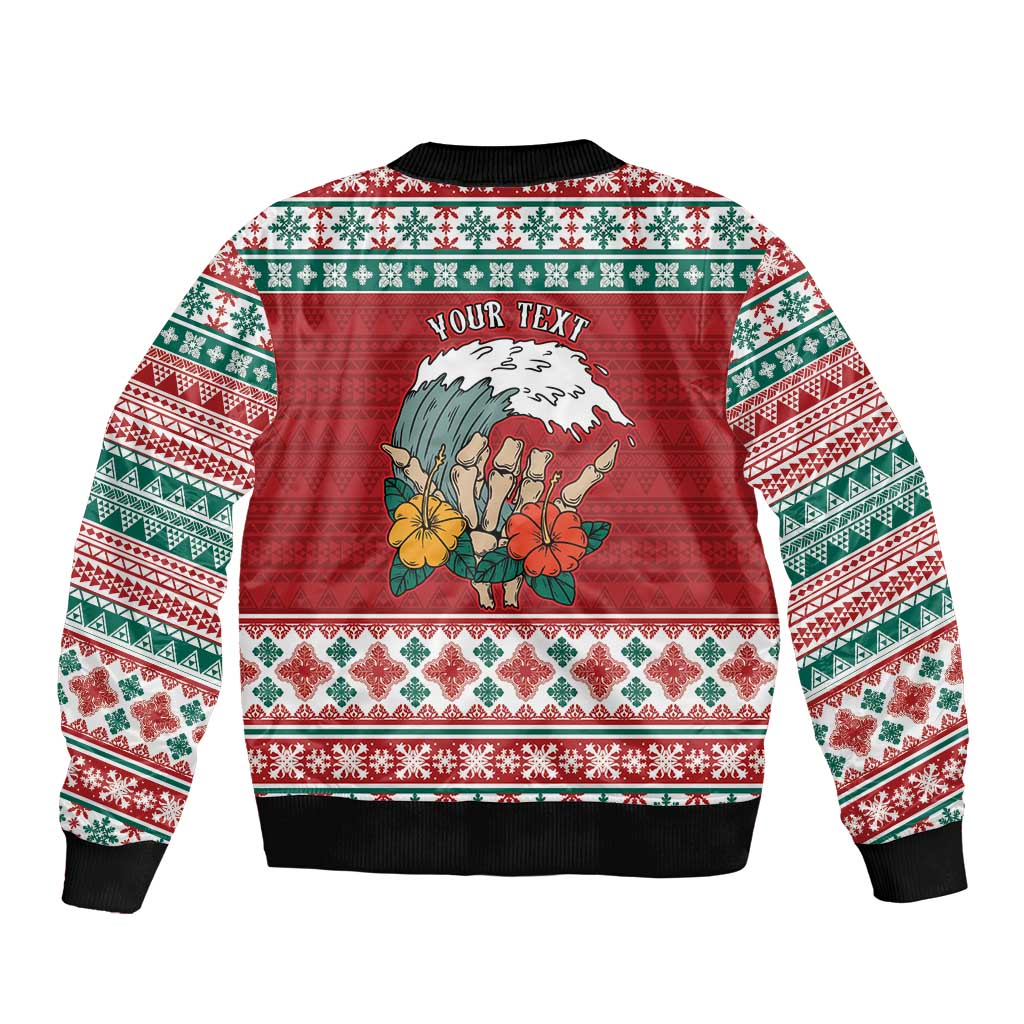 Shaka Sign Skull Mele Kalikimaka Personalized Sleeve Zip Bomber Jacket Hawaiian Quilt Pattern - Polynesian Pride