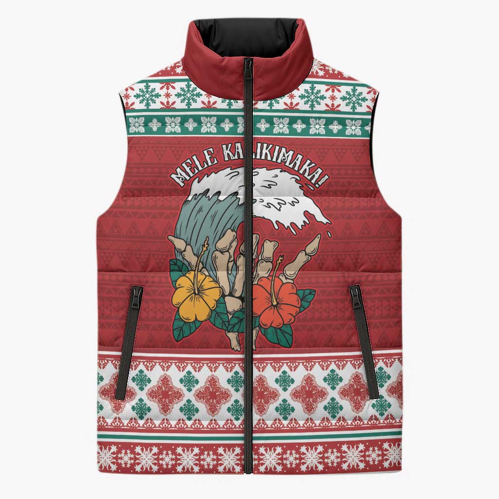 Shaka Sign Skull Mele Kalikimaka Personalized Sleeveless Puffer Jacket Hawaiian Quilt Pattern - Polynesian Pride
