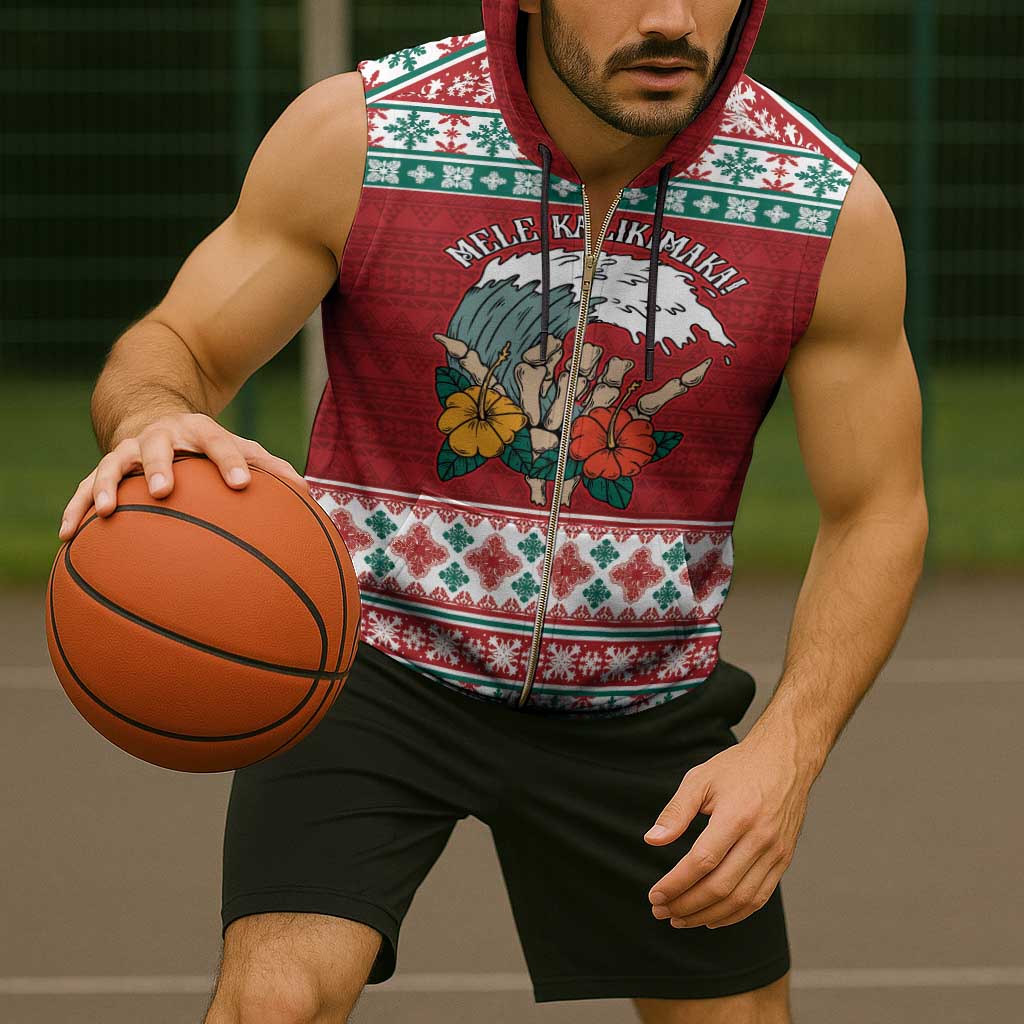 Shaka Sign Skull Mele Kalikimaka Personalized Sleeveless Zip Hoodie Hawaiian Quilt Pattern - Polynesian Pride