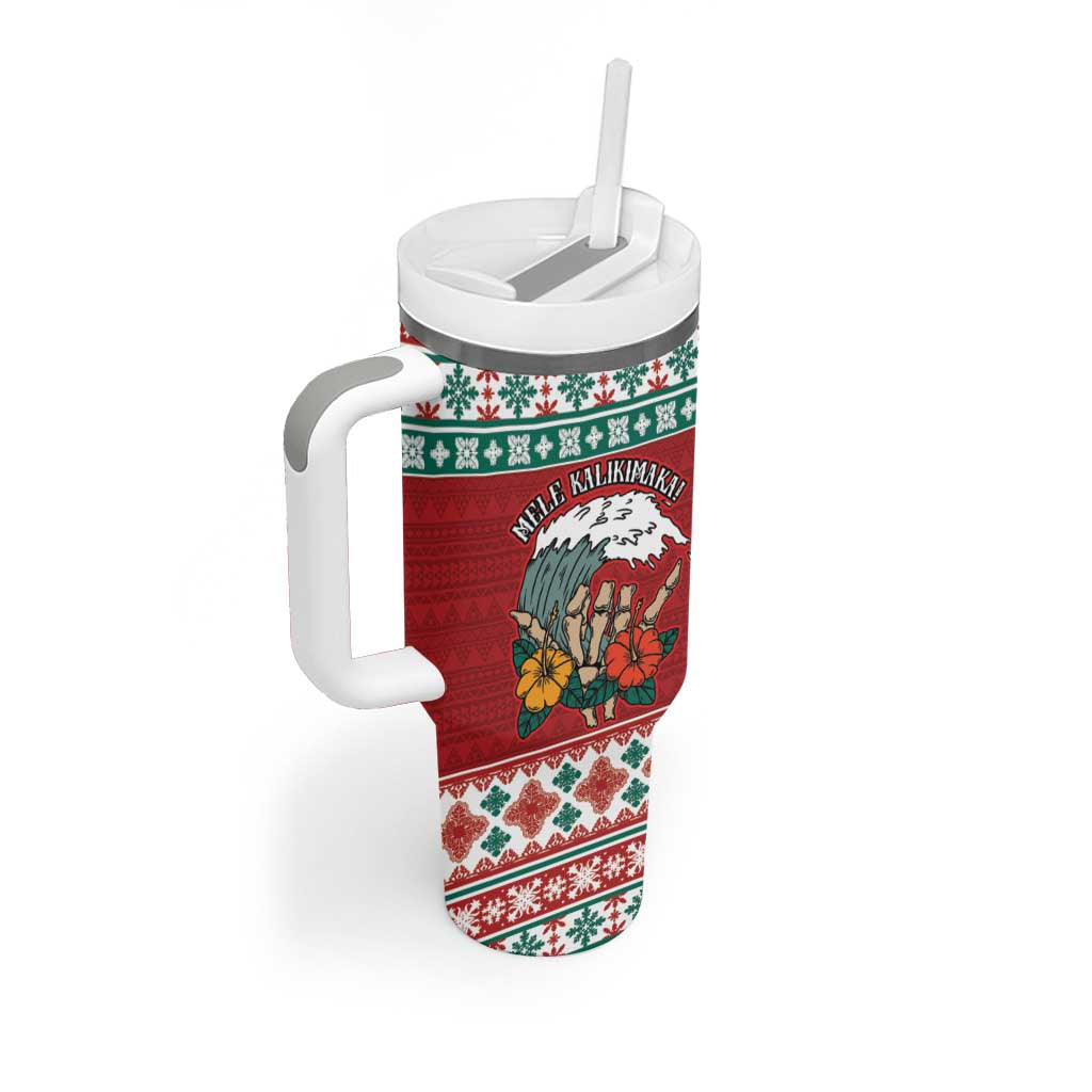 Shaka Sign Skull Mele Kalikimaka Personalized Tumbler With Handle Hawaiian Quilt Pattern - Polynesian Pride