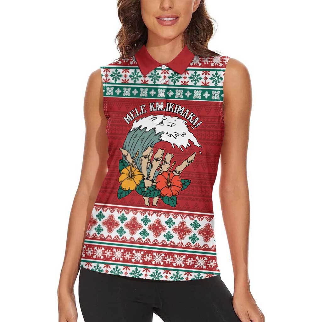 Shaka Sign Skull Mele Kalikimaka Personalized Women Sleeveless Polo Shirt Hawaiian Quilt Pattern - Polynesian Pride