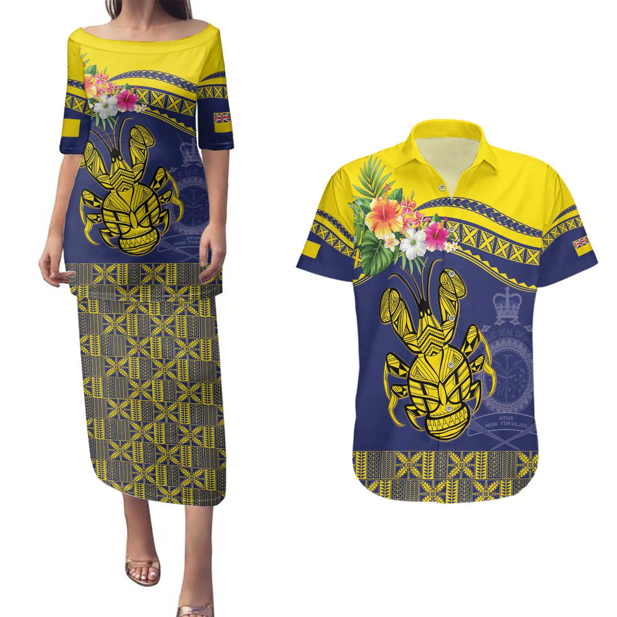 Niue Coconut Crab Couples Matching Puletasi and Hawaiian Shirt Rock of Polynesia LT9 Gold - Polynesian Pride