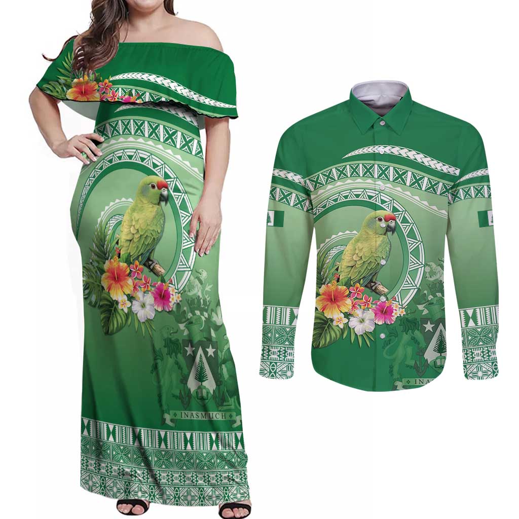 Norfolk Parakeet Tropical Couples Matching Off Shoulder Maxi Dress and Long Sleeve Button Shirt Norfolk Island Tribal Pattern