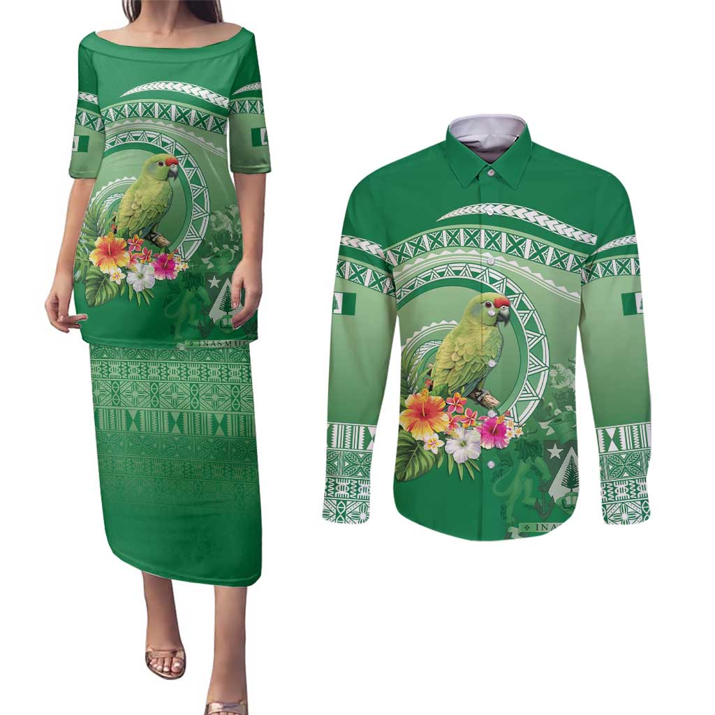 Norfolk Parakeet Tropical Couples Matching Puletasi and Long Sleeve Button Shirt Norfolk Island Tribal Pattern