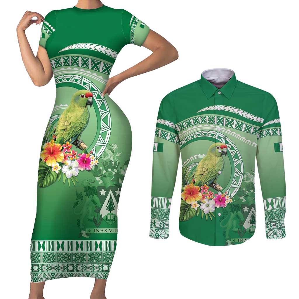 Norfolk Parakeet Tropical Couples Matching Short Sleeve Bodycon Dress and Long Sleeve Button Shirt Norfolk Island Tribal Pattern