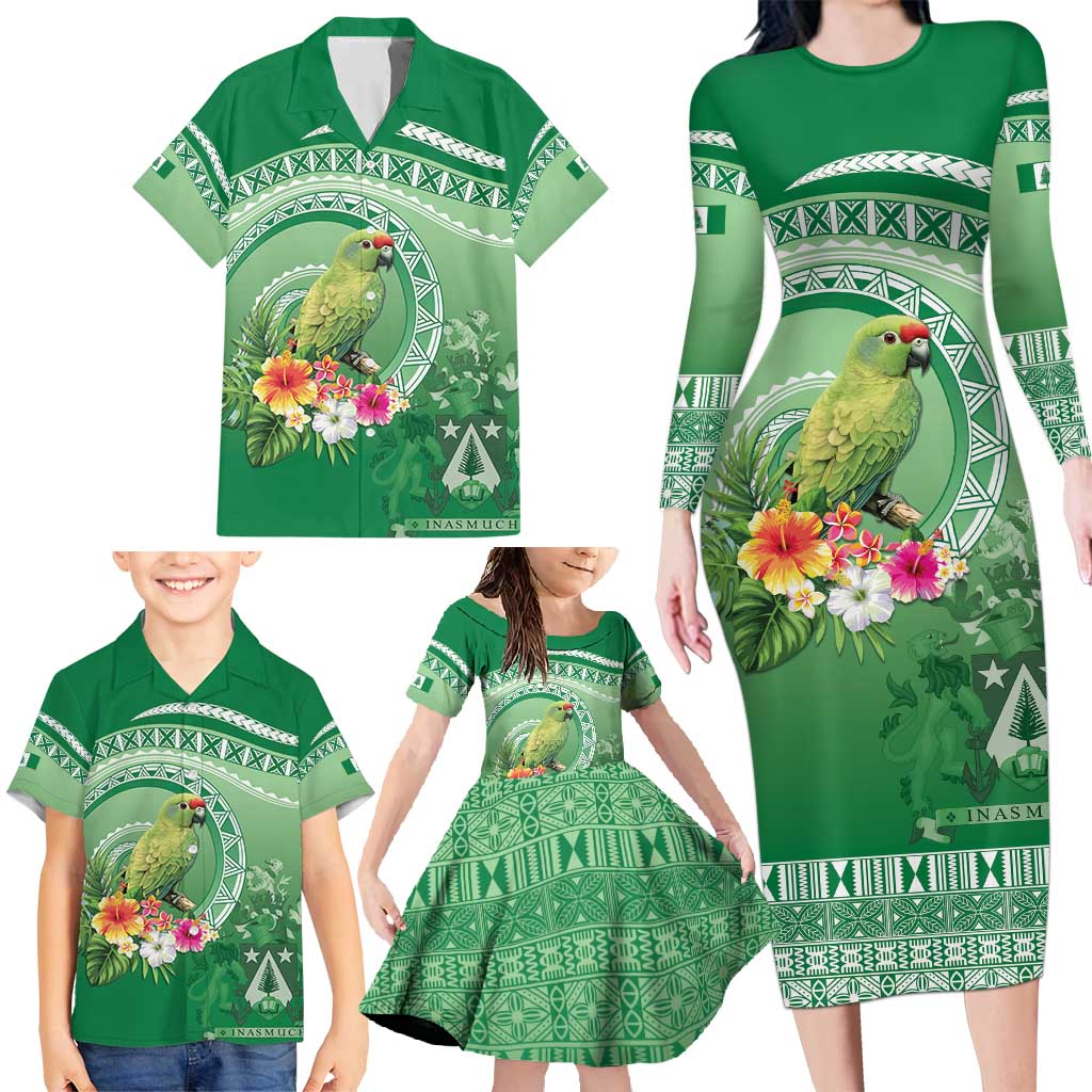 Norfolk Parakeet Tropical Family Matching Long Sleeve Bodycon Dress and Hawaiian Shirt Norfolk Island Tribal Pattern