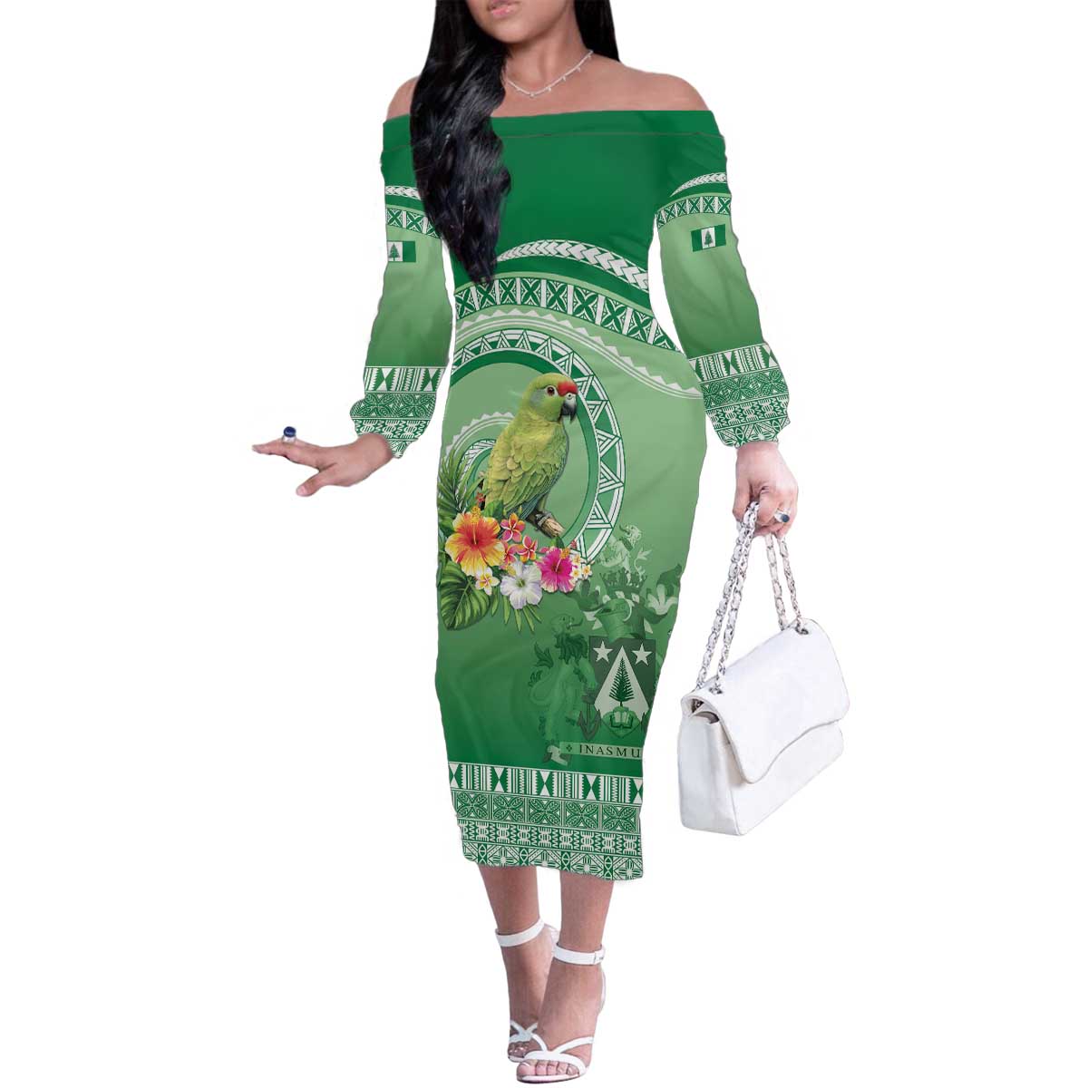 Norfolk Parakeet Tropical Family Matching Off The Shoulder Long Sleeve Dress and Hawaiian Shirt Norfolk Island Tribal Pattern