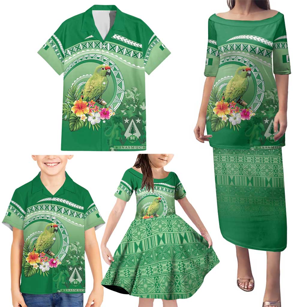 Norfolk Parakeet Tropical Family Matching Puletasi and Hawaiian Shirt Norfolk Island Tribal Pattern